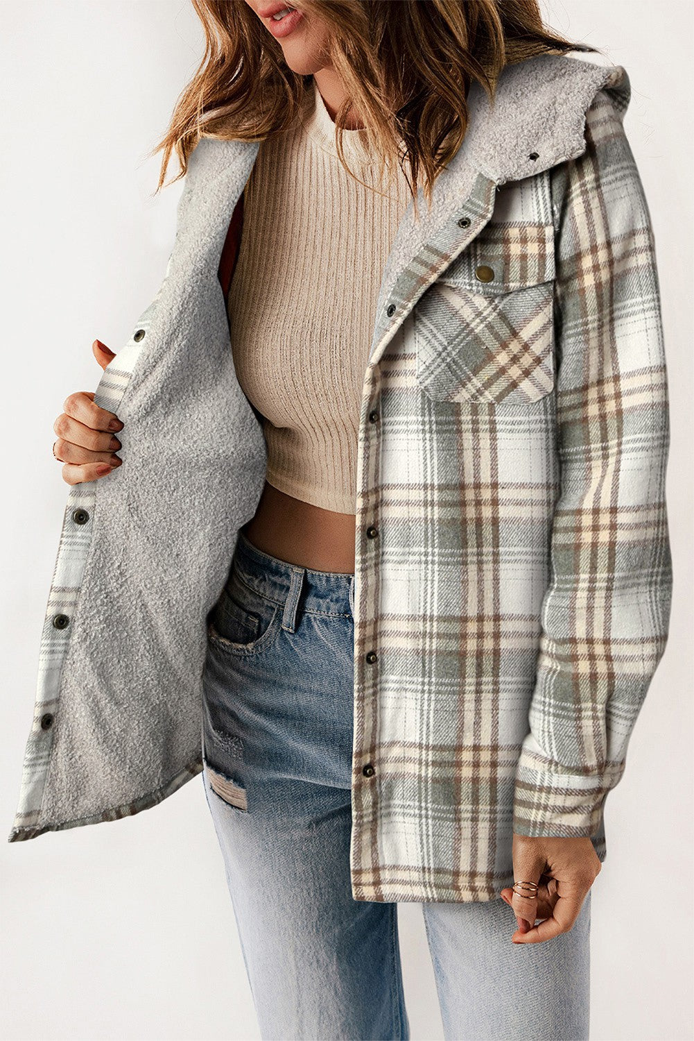 Grey Plaid Sherpa Lined Hoodie Shacket With Hood