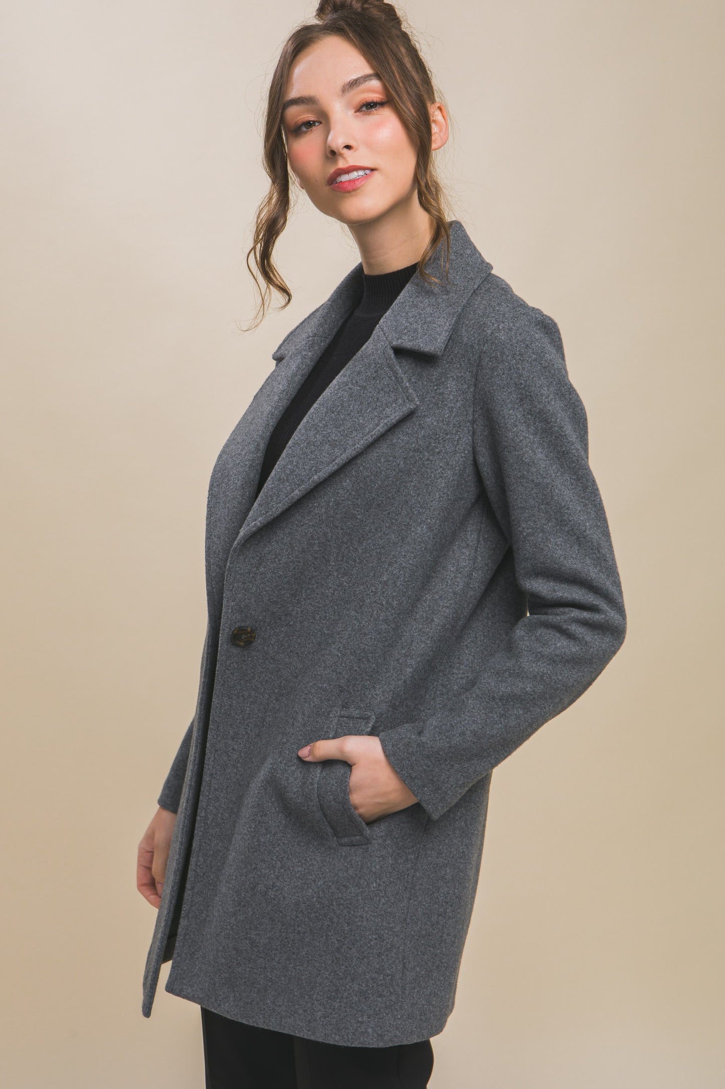 Fleece Single Breasted Coat - Dark Grey