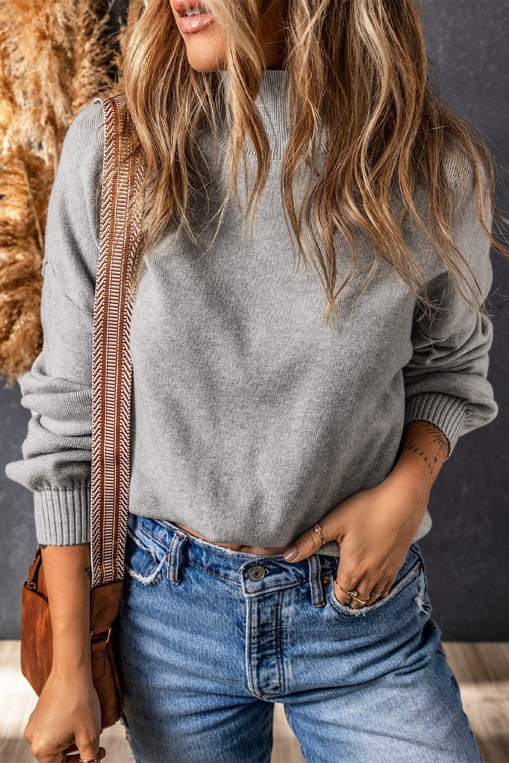 Turtleneck Drop Shoulder Bubble Sleeve Sweater - Gray