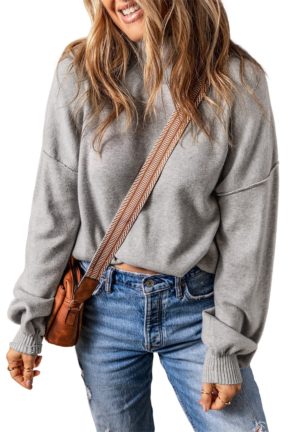 Turtleneck Drop Shoulder Bubble Sleeve Sweater - Gray