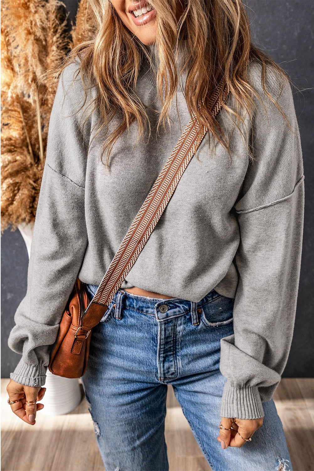 Turtleneck Drop Shoulder Bubble Sleeve Sweater - Gray