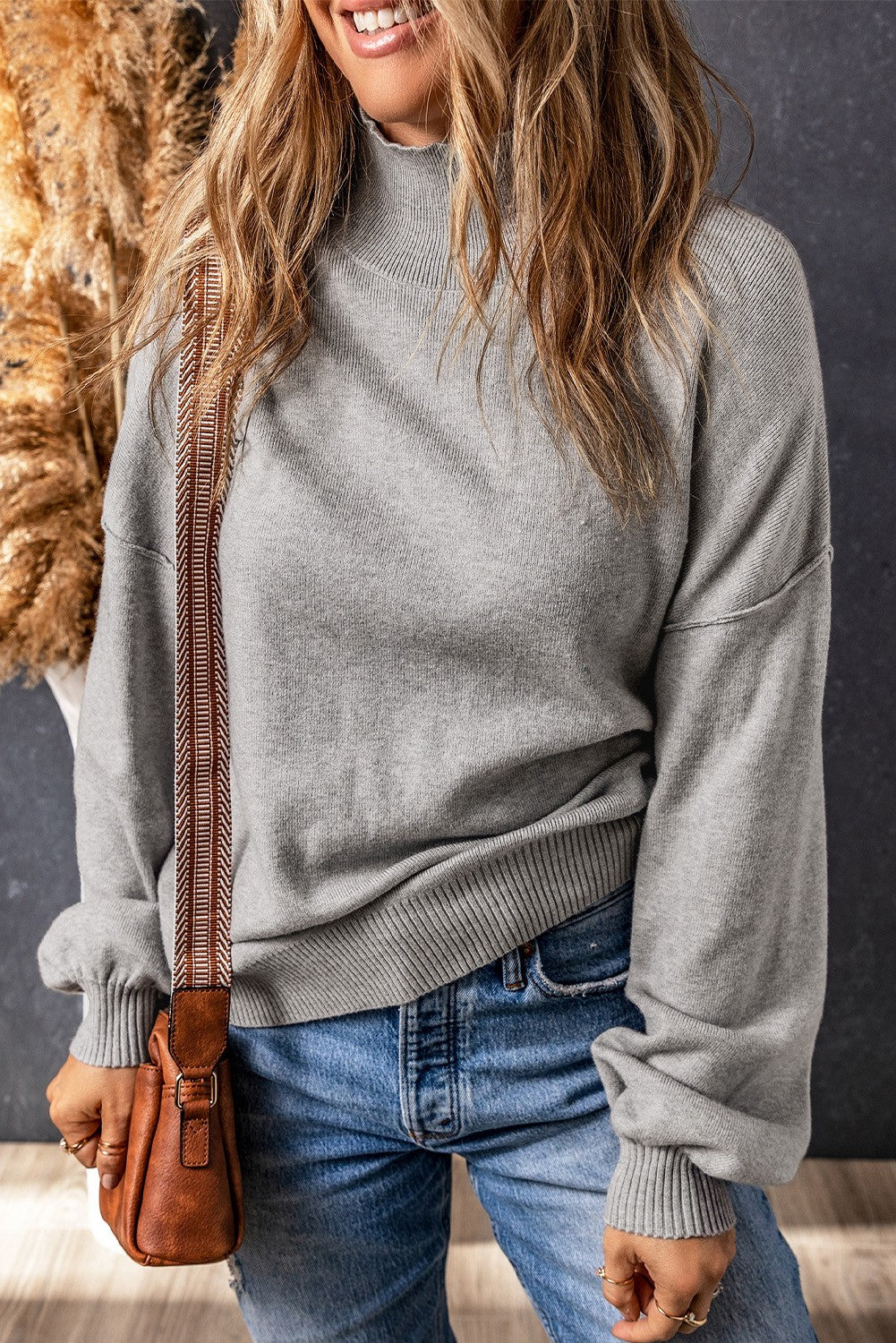 Turtleneck Drop Shoulder Bubble Sleeve Sweater - Gray