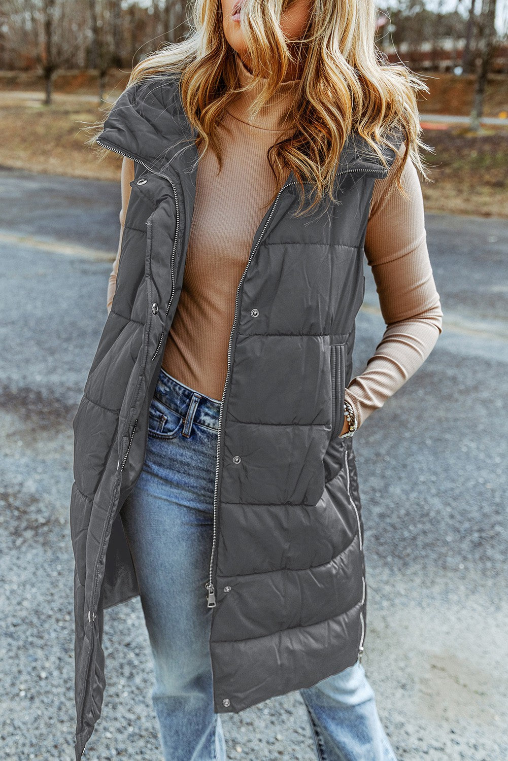 Long Quilted Puffer Vest Coat with Hood