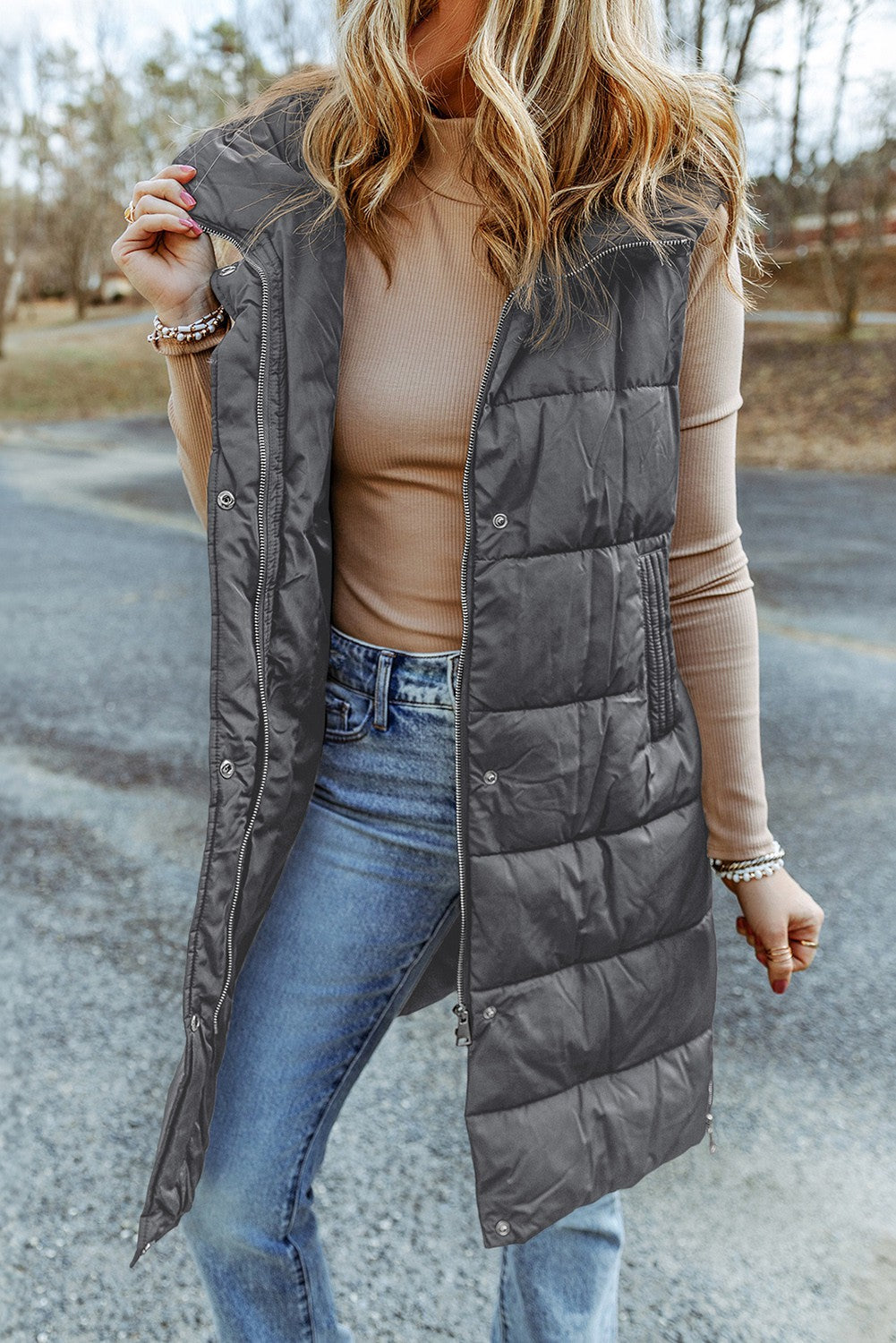 Long Quilted Puffer Vest Coat with Hood