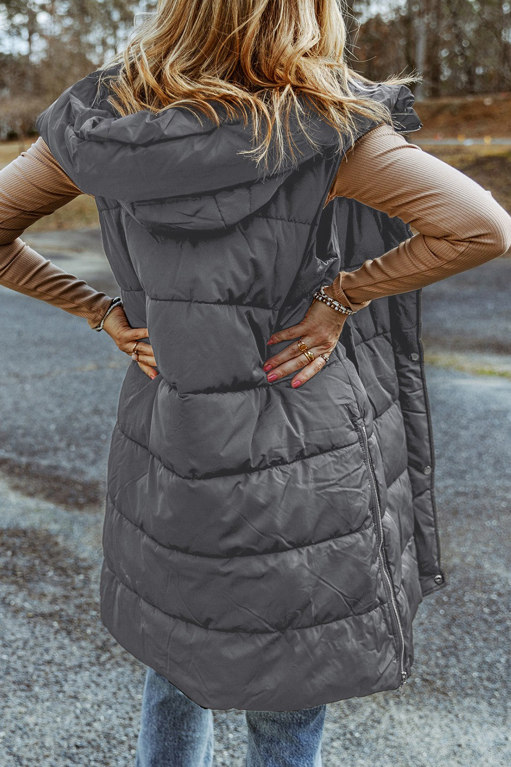 Long Quilted Puffer Vest Coat with Hood