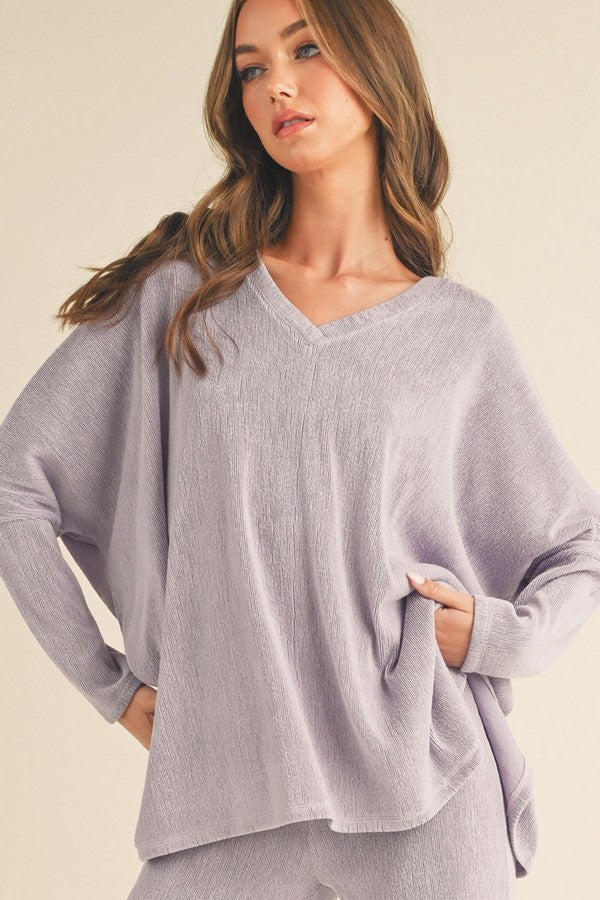 V-Neck Loose Fit Comfy Knit Top - Light Grey