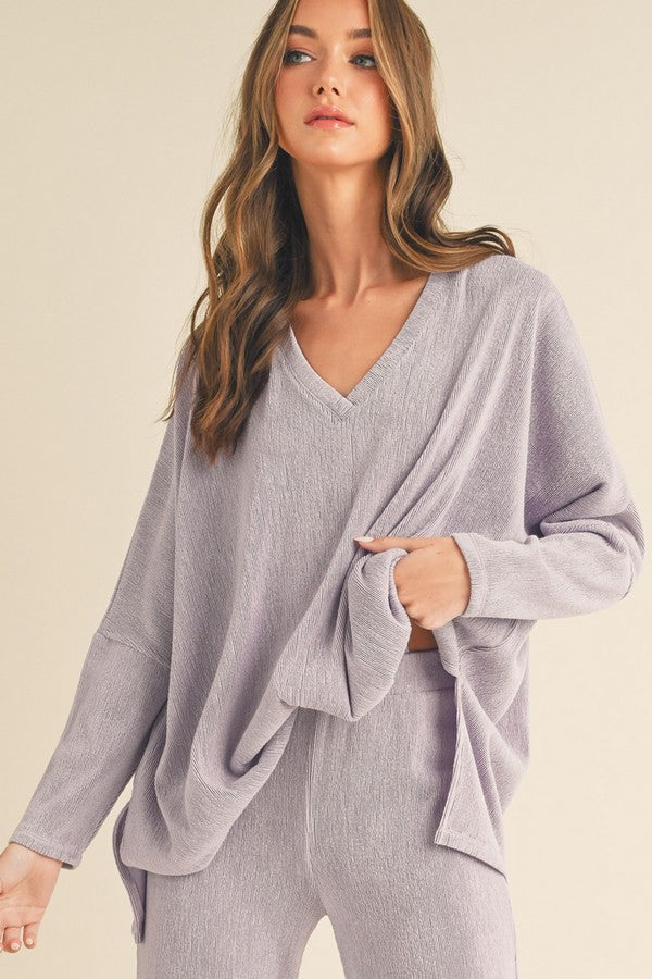 V-Neck Loose Fit Comfy Knit Top - Light Grey