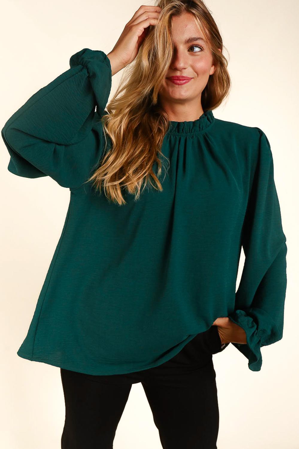 Frilled Mock Neck with Button Bubble Long Sleeve with Ruffle Hem Solid Crinkle Woven Blouse