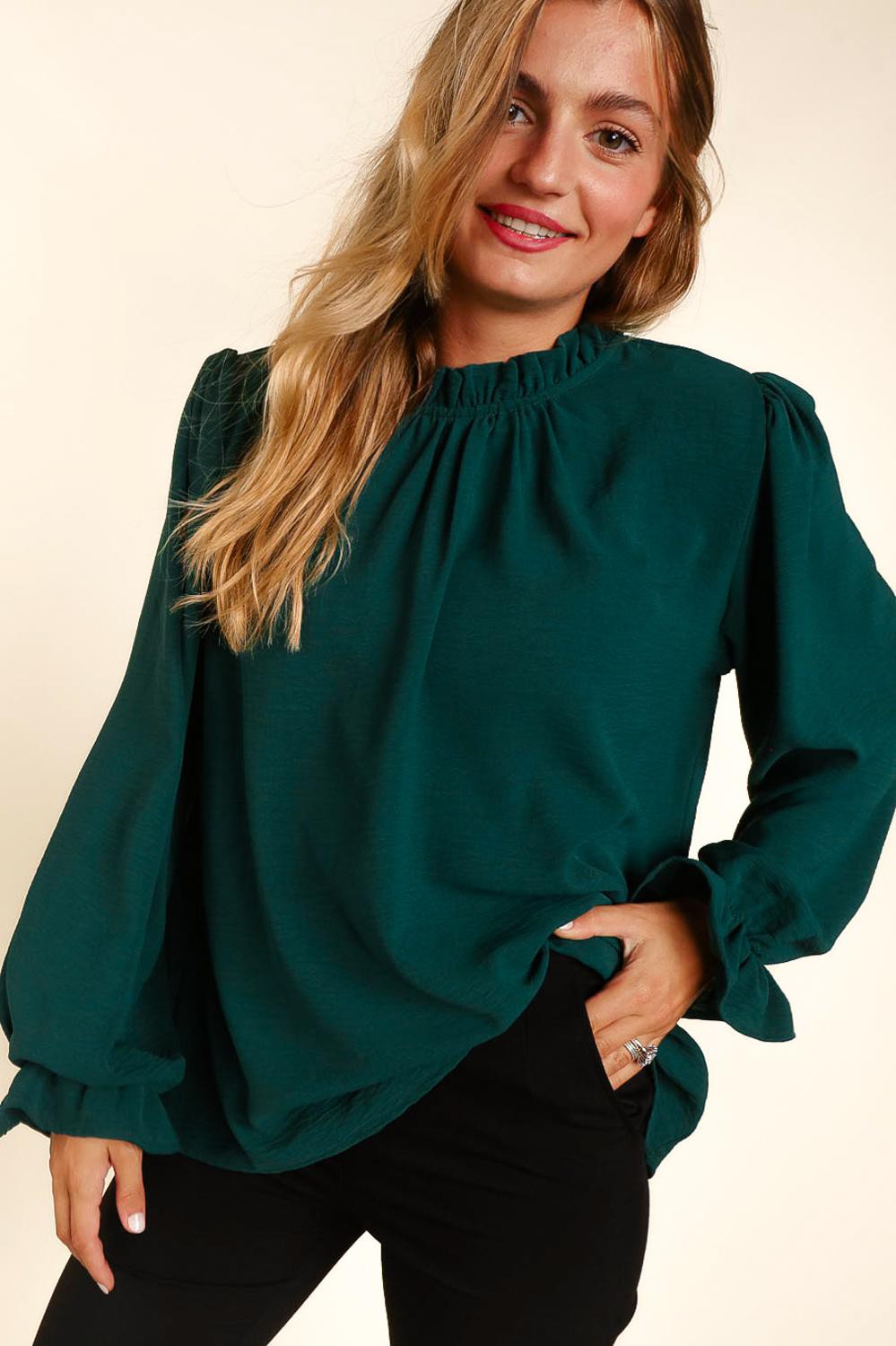 Frilled Mock Neck with Button Bubble Long Sleeve with Ruffle Hem Solid Crinkle Woven Blouse