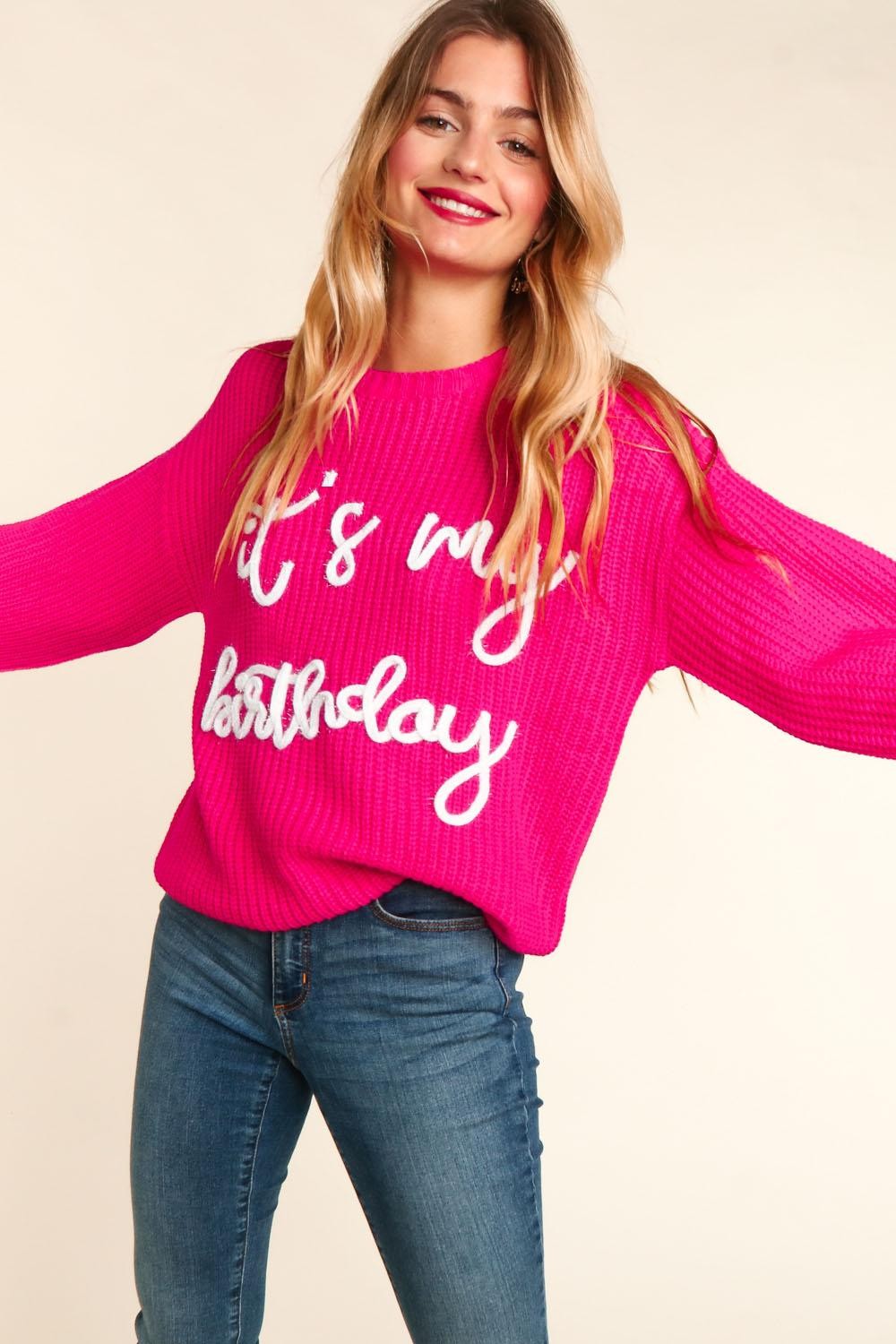 It's My Birthday- Embroidery Pop Up Letter Oversized Pullover Sweater - Hot Pink