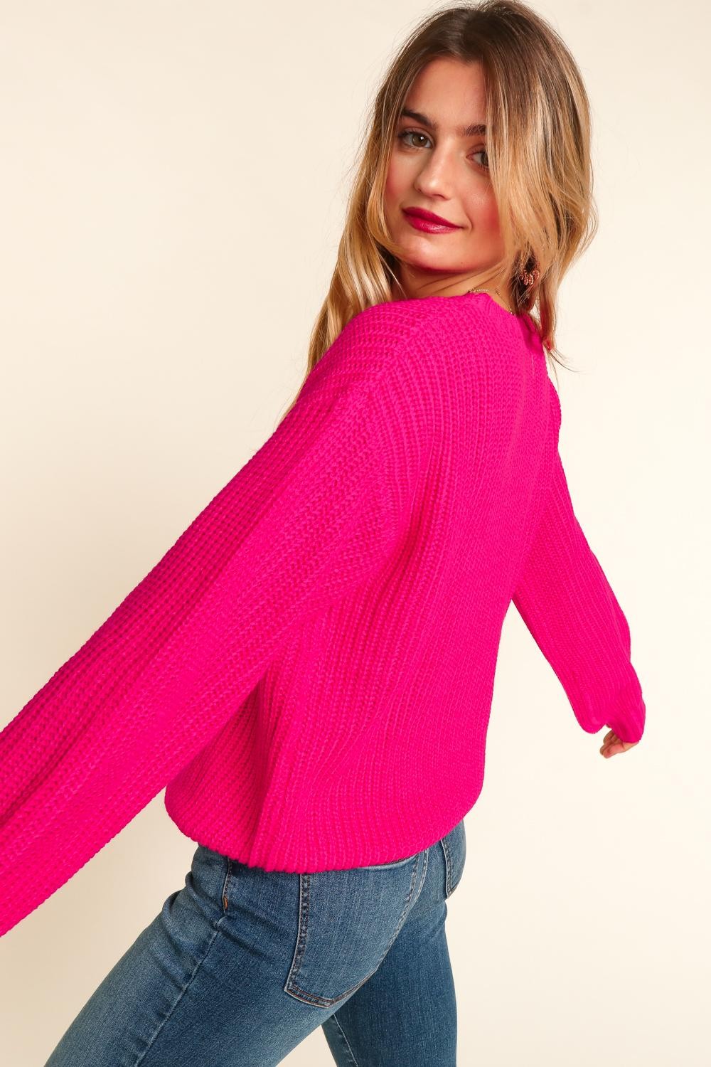 It's My Birthday- Embroidery Pop Up Letter Oversized Pullover Sweater - Hot Pink