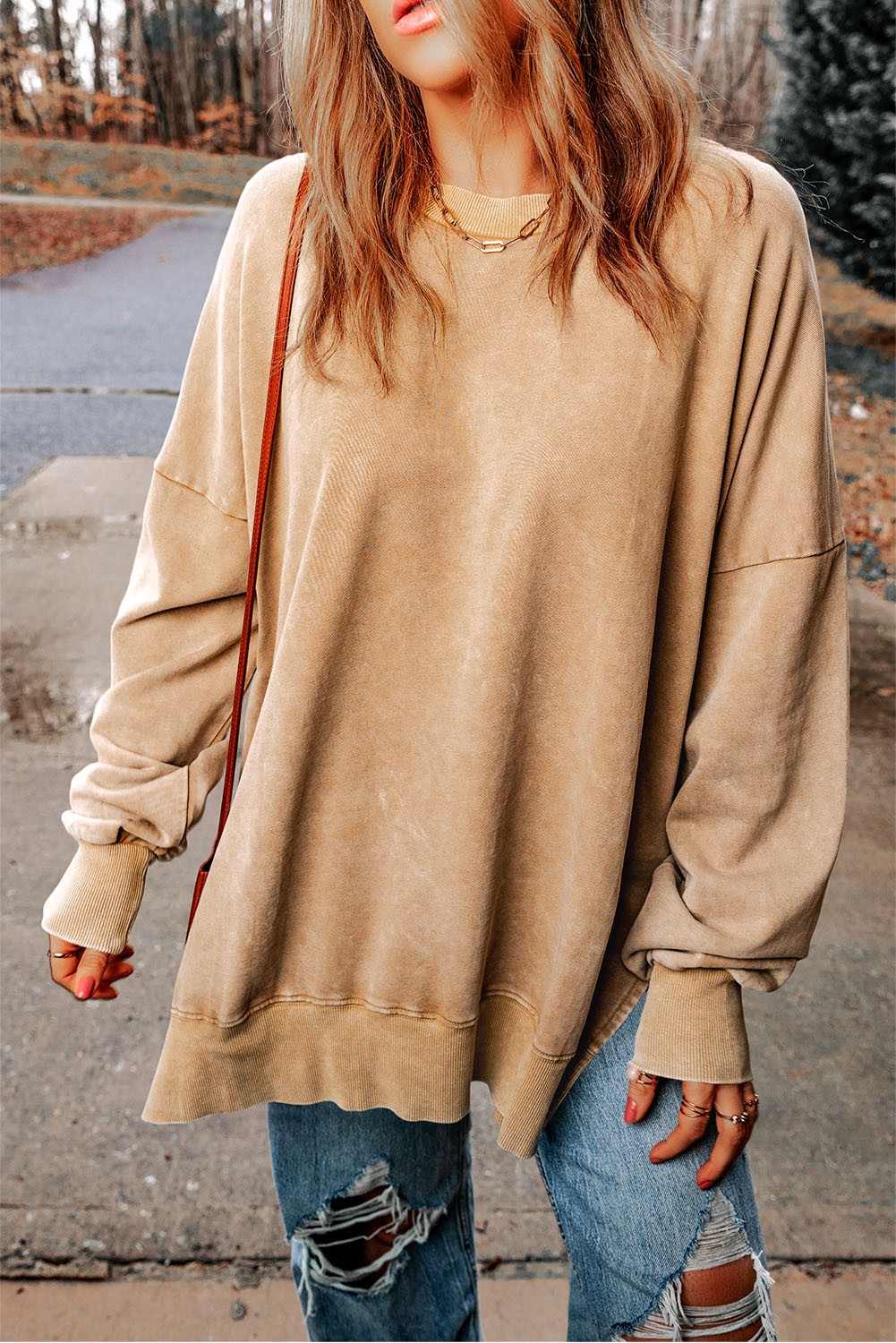 Ribbed Corded Oversized Pullover - Light Beige