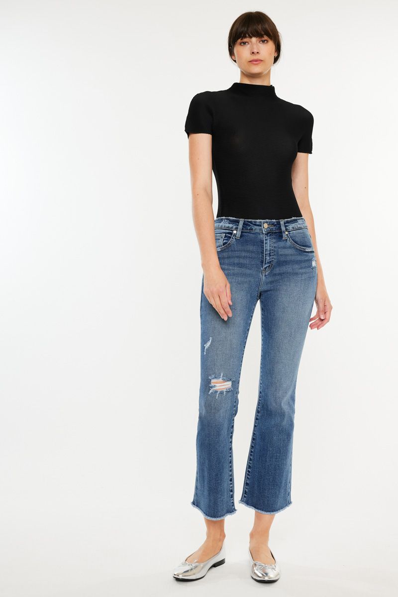 Kancan High Rise Cropped Bootcut Jeans Dark Wash Frayed Hem