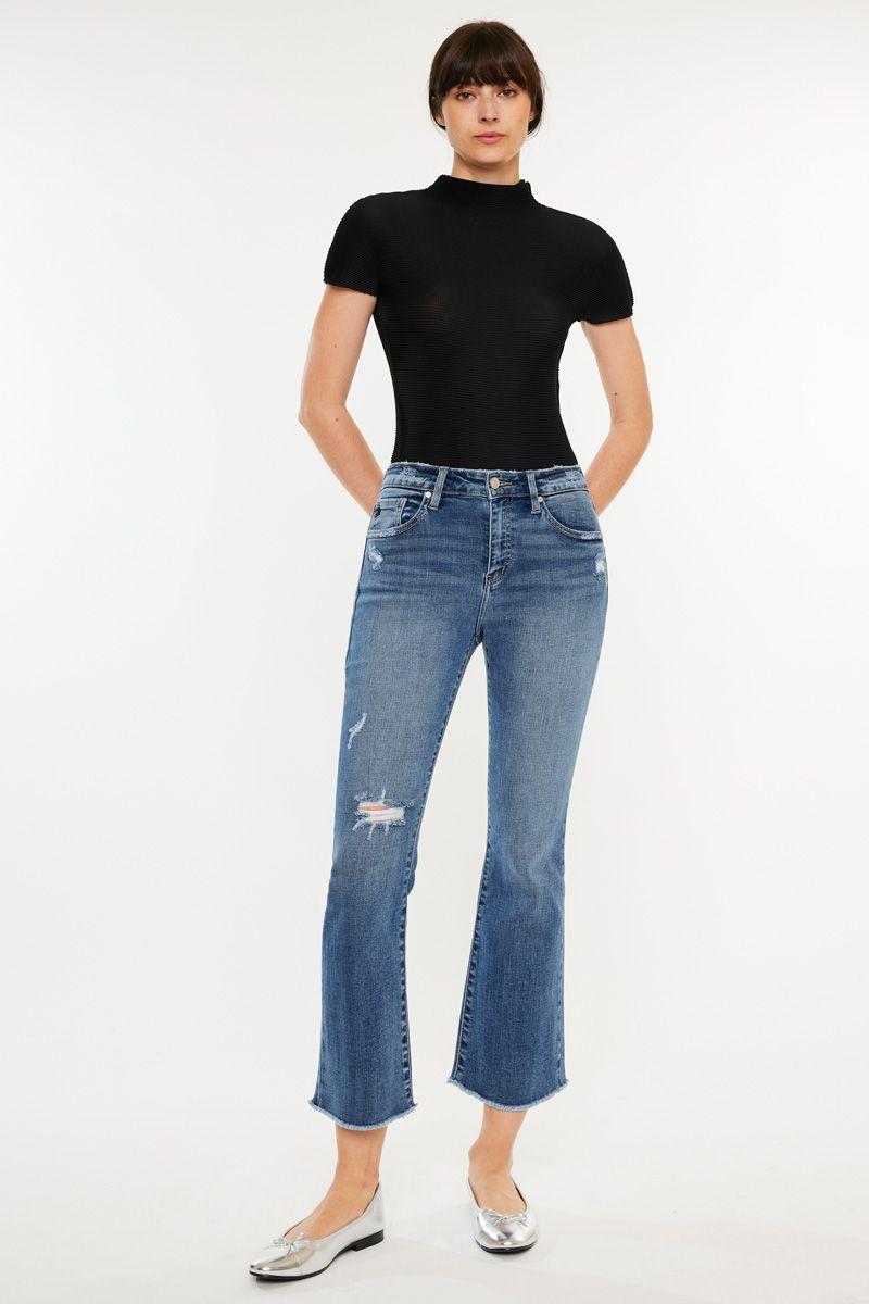 Kancan High Rise Cropped Bootcut Jeans Dark Wash Frayed Hem