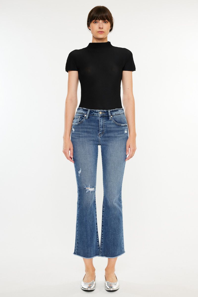 Kancan High Rise Cropped Bootcut Jeans Dark Wash Frayed Hem