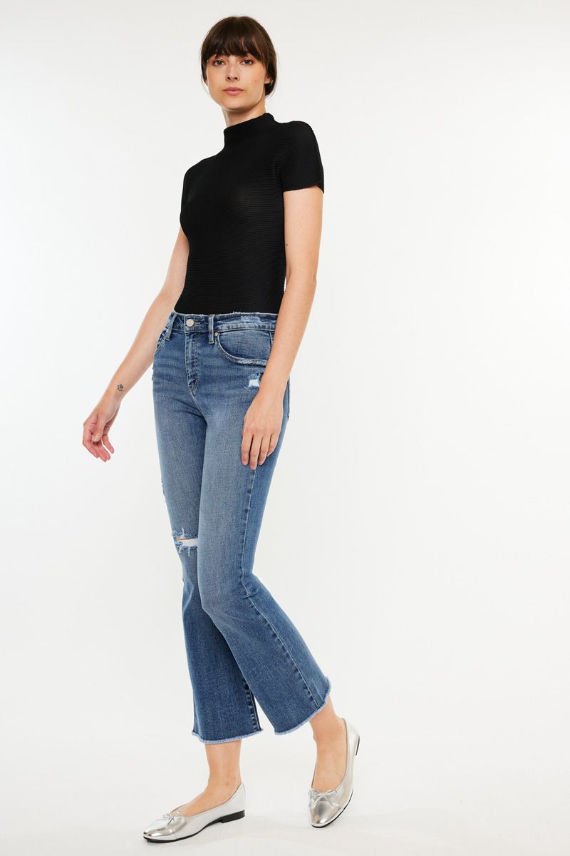 Kancan High Rise Cropped Bootcut Jeans Dark Wash Frayed Hem