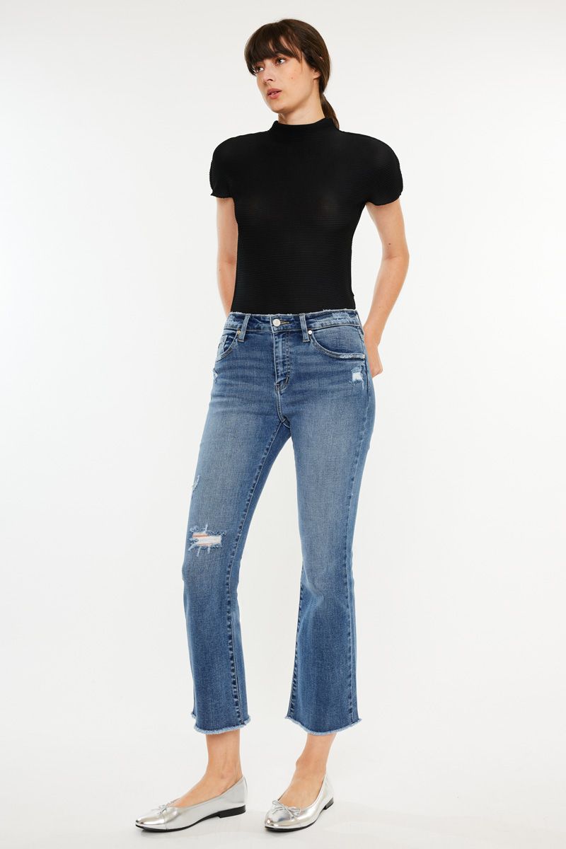 Kancan High Rise Cropped Bootcut Jeans Dark Wash Frayed Hem