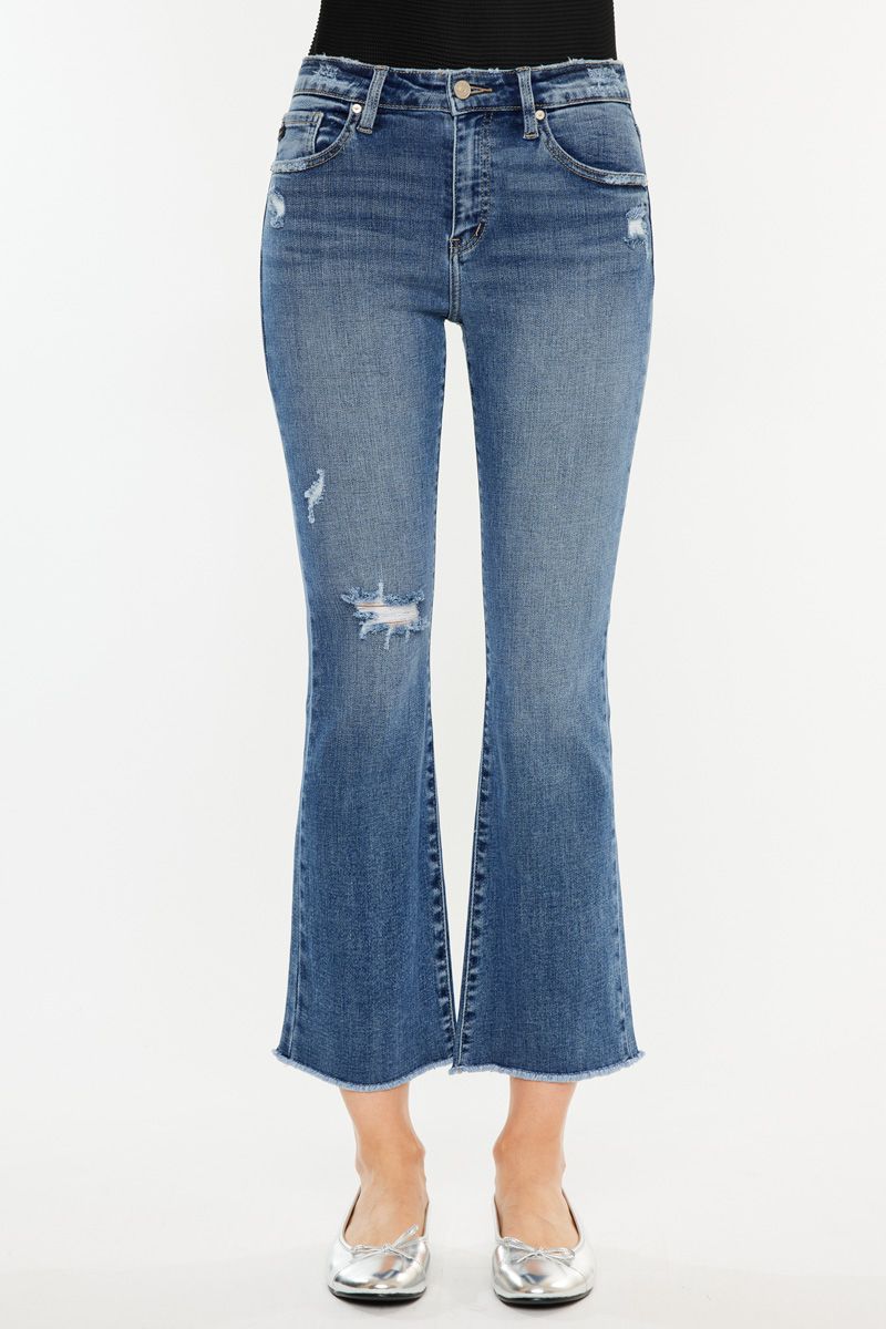 Kancan High Rise Cropped Bootcut Jeans Dark Wash Frayed Hem