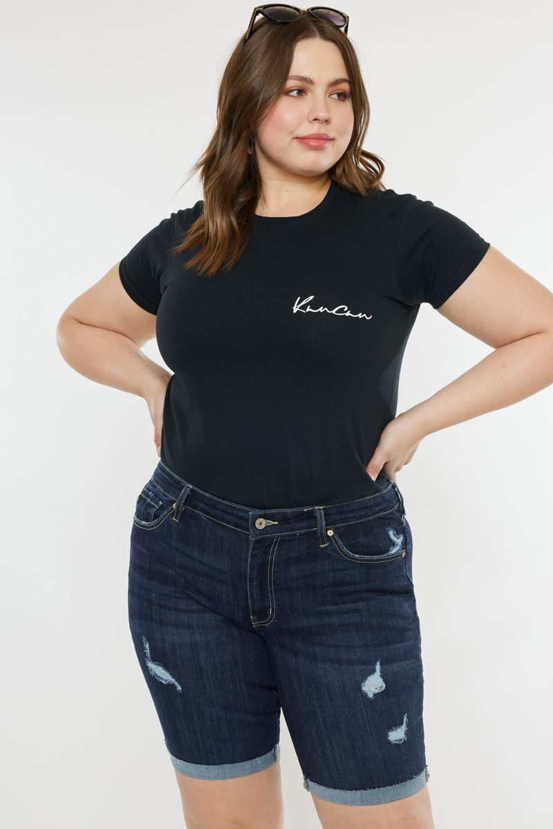 High Rise Dark Wash Fold Hem Shorts - Kancan