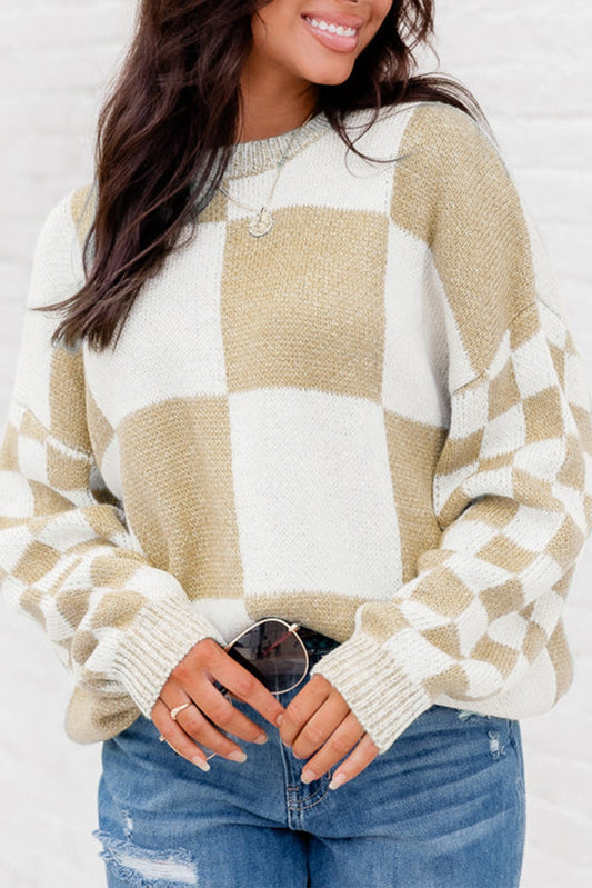 Square Block Knitted Round Neck Drop Shoulder Sweater