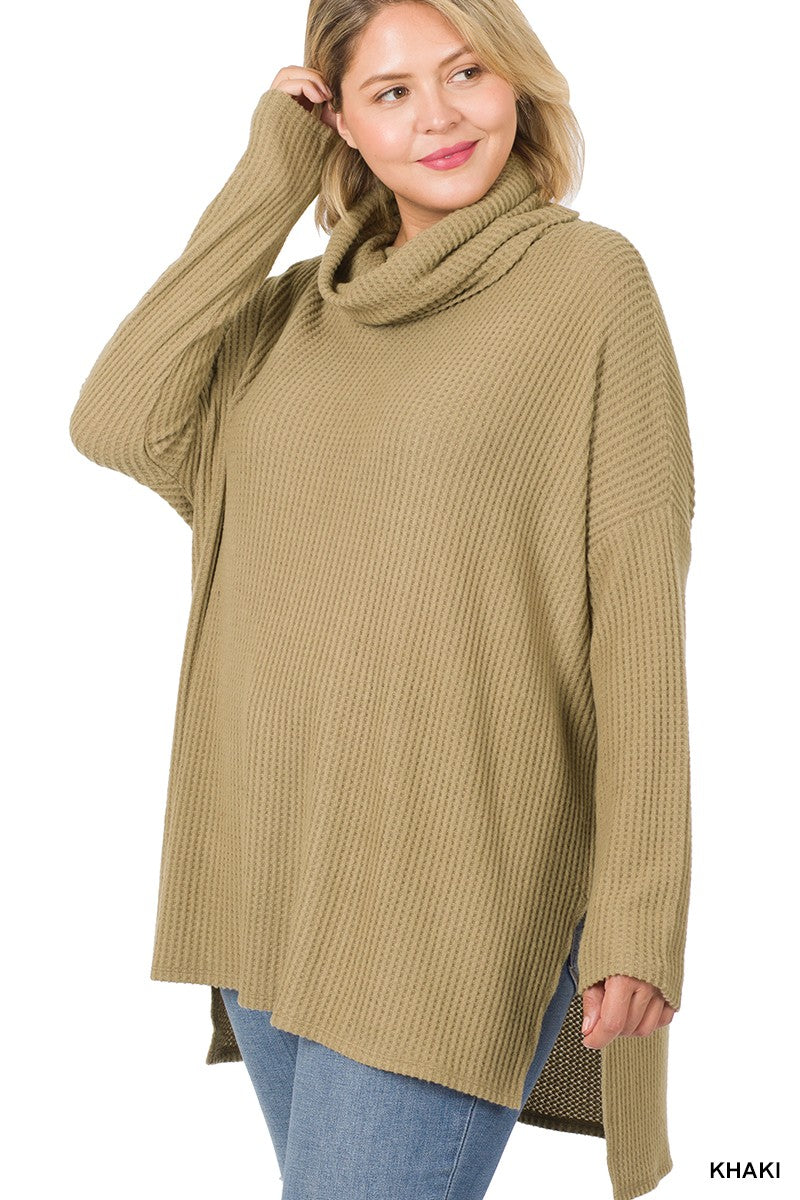 Brushed Thermal Waffle Cowl Neck Hi-Low Sweater - Khaki