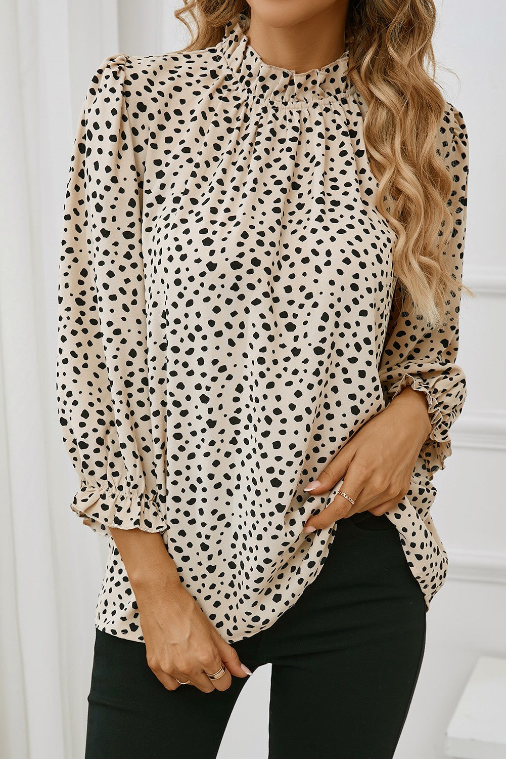 Cheetah Frilled Neck Ruffled Blouse