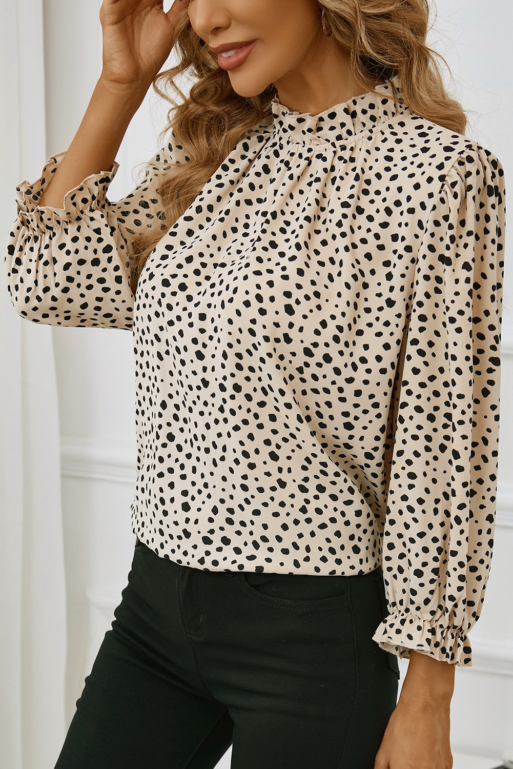 Cheetah Frilled Neck Ruffled Blouse