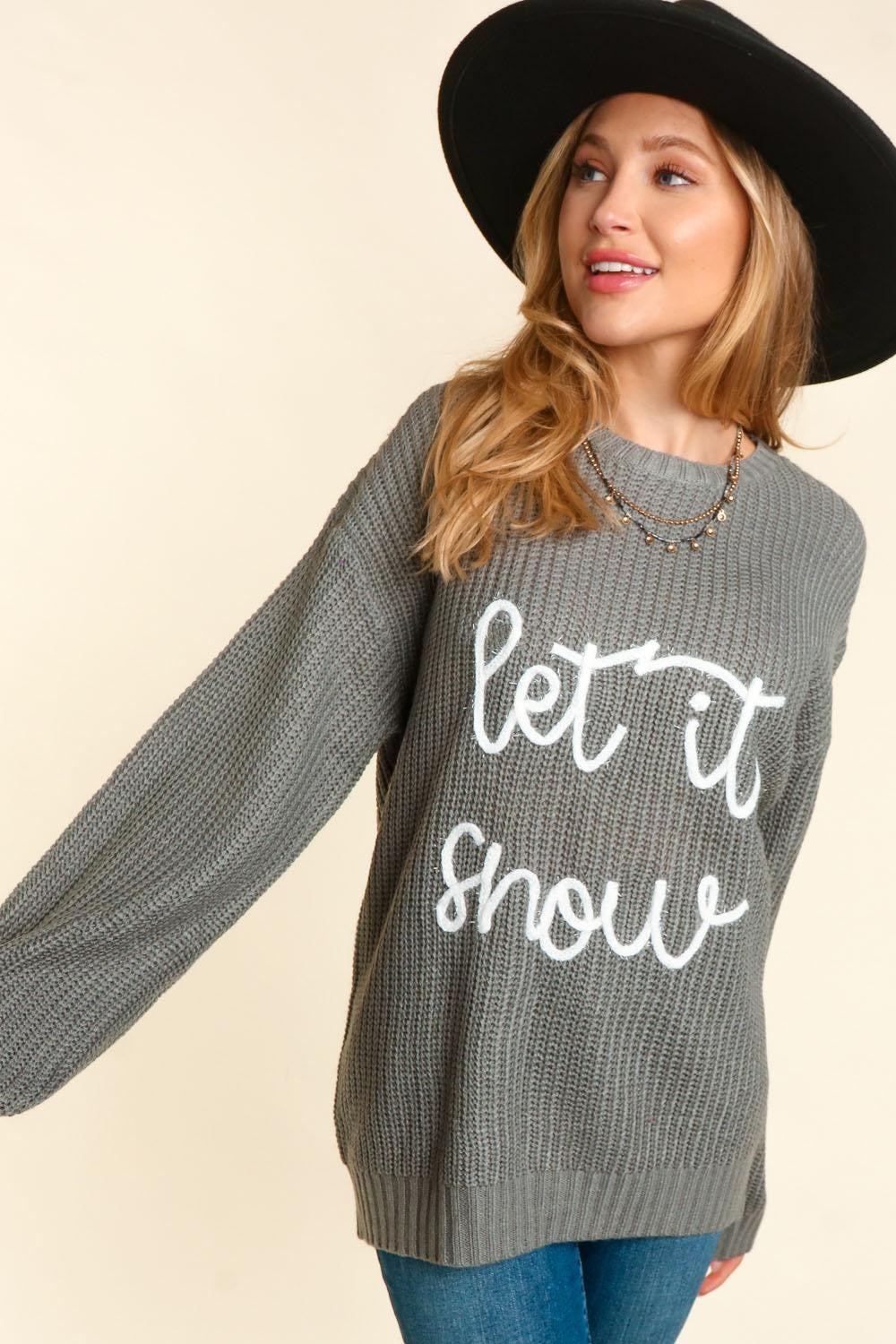 Let It Snow - Embroidery Pop Up Letter Oversized Pullover Sweater - Grey