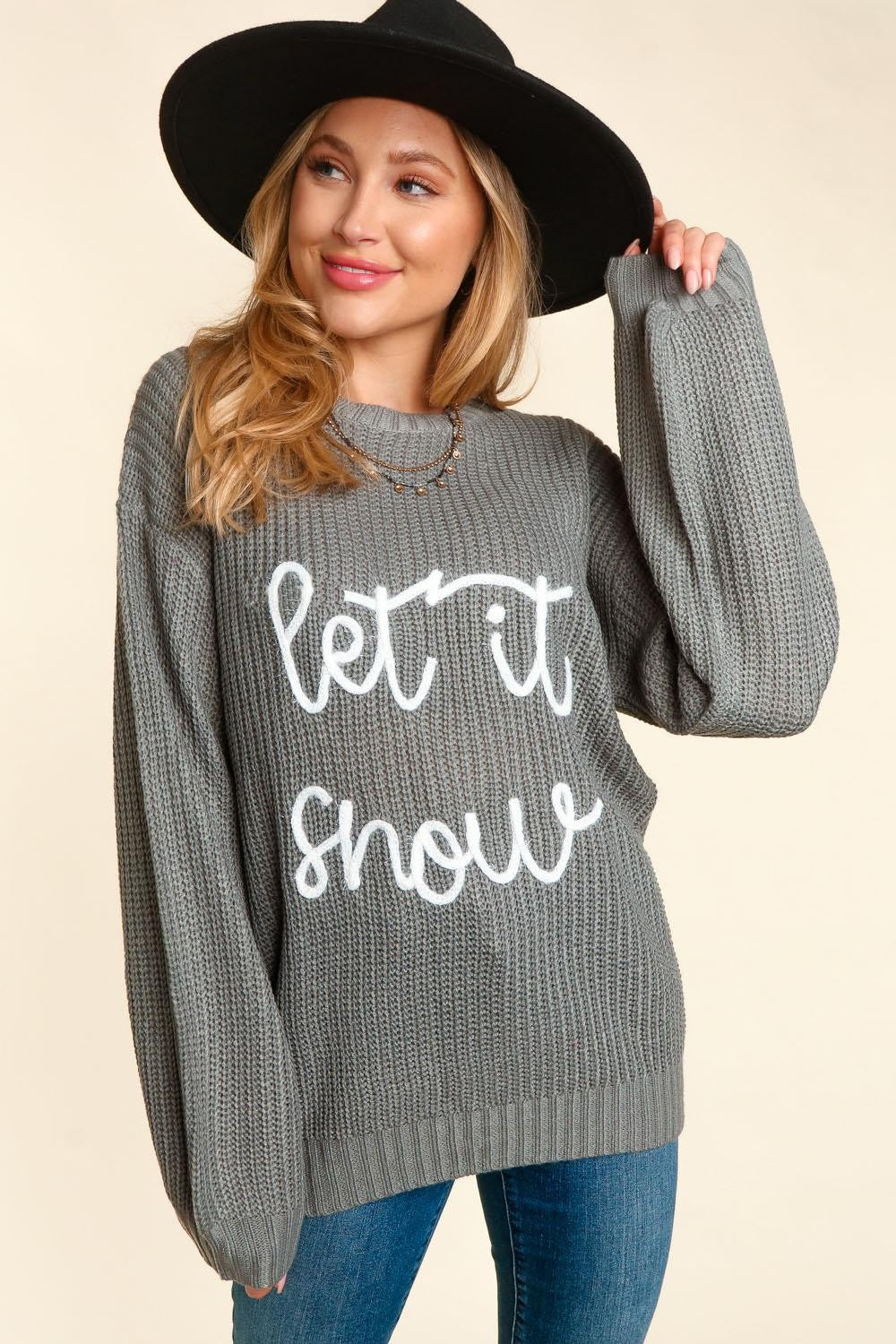 Let It Snow - Embroidery Pop Up Letter Oversized Pullover Sweater - Grey