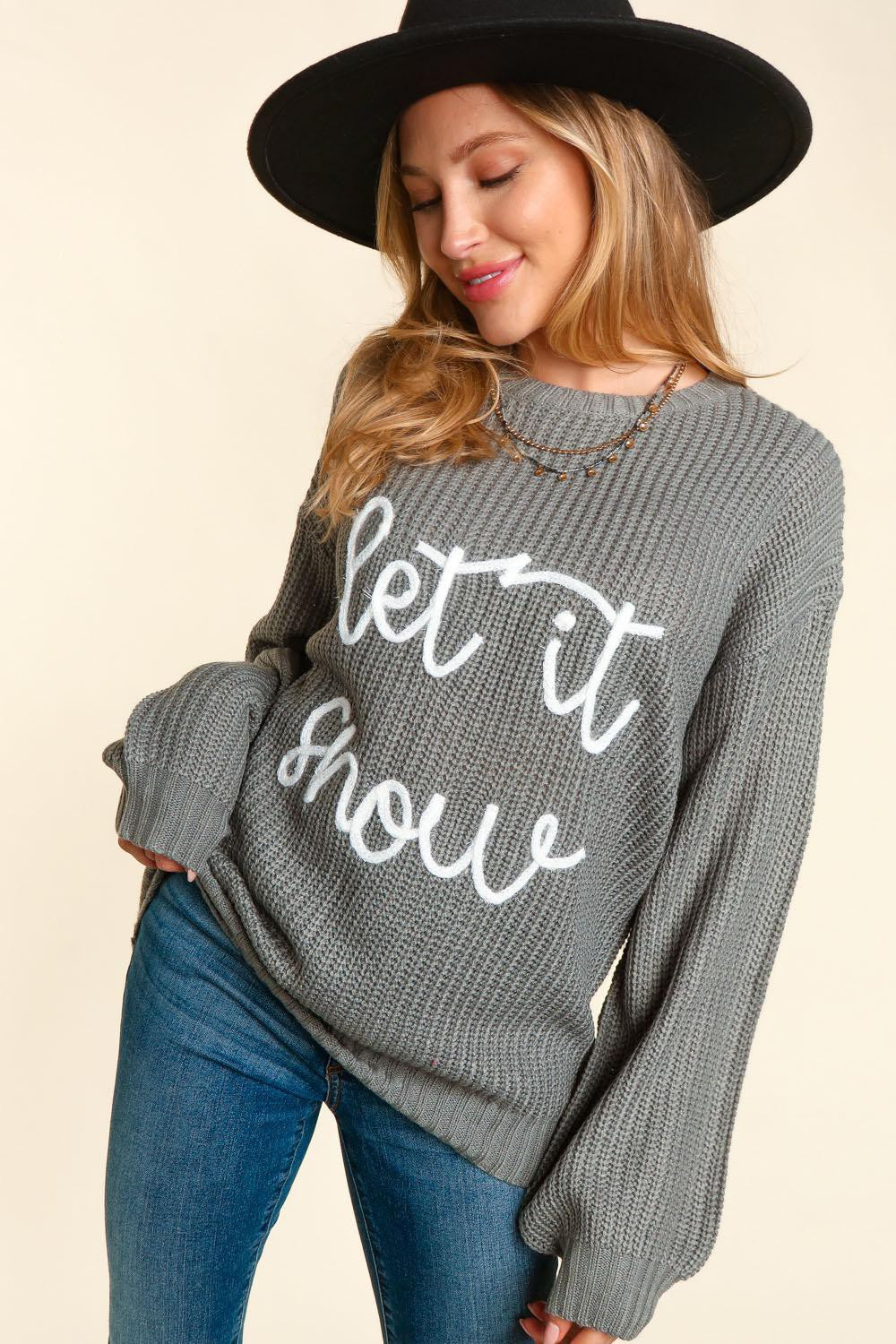 Let It Snow - Embroidery Pop Up Letter Oversized Pullover Sweater - Grey