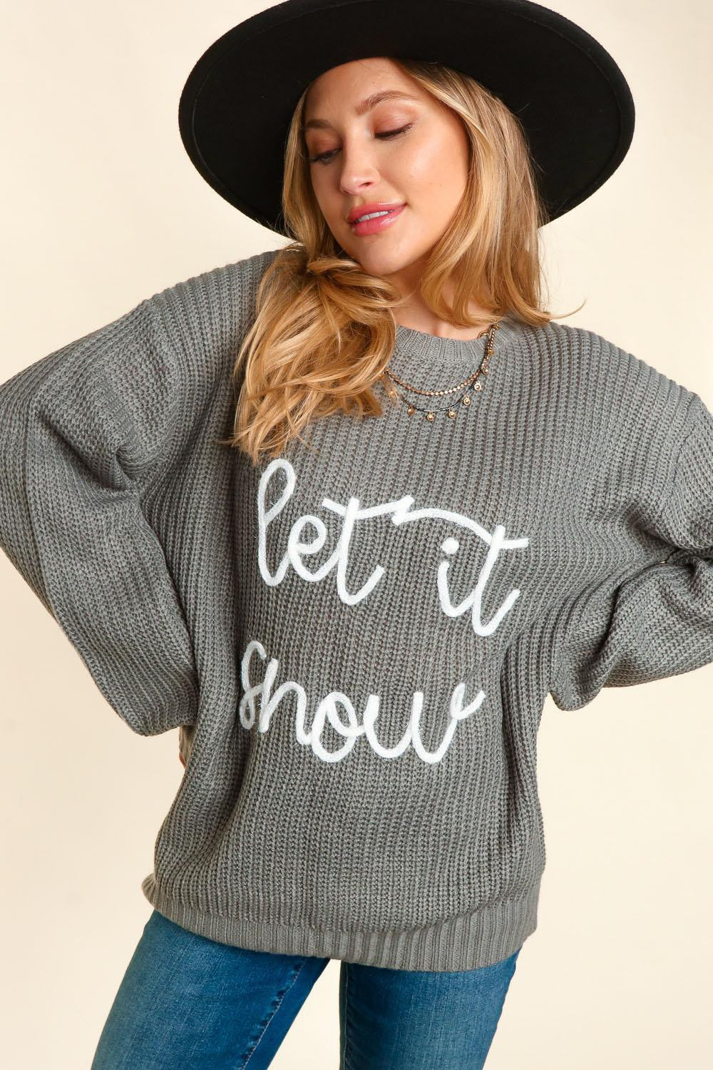 Let It Snow - Embroidery Pop Up Letter Oversized Pullover Sweater - Grey