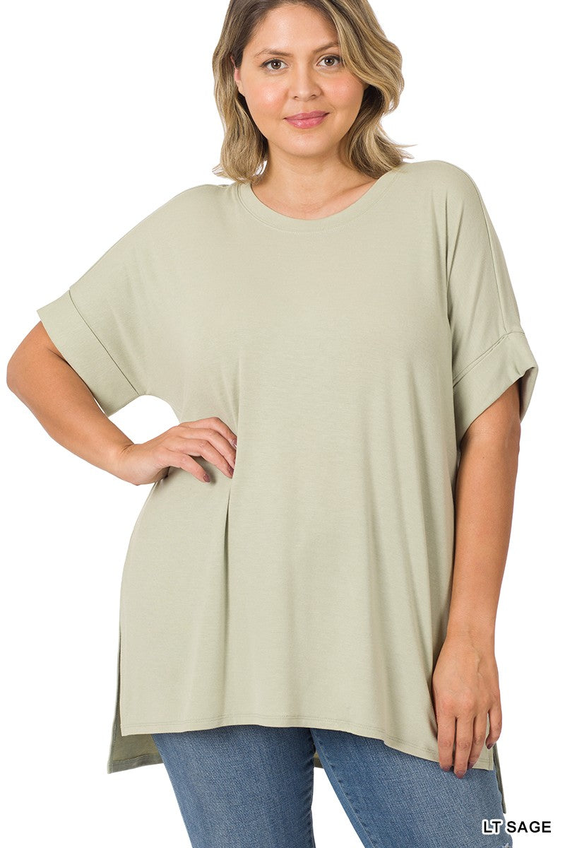 Rolled High Low Sleeve Short Sleeve Top