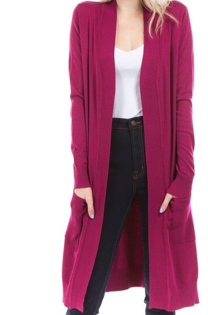 Magenta Long Open Front Cardigan