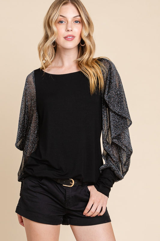 Black Fashion Top with Balloon Metallic Mesh Sleeves