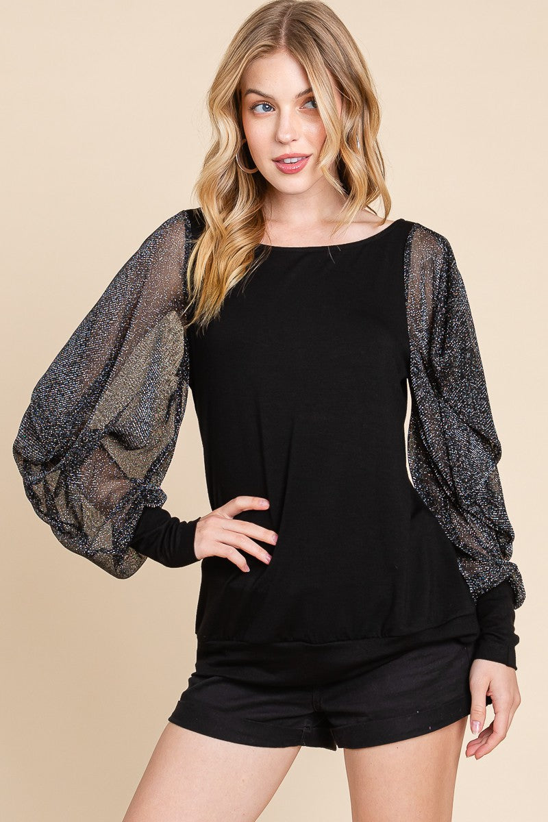 Black Fashion Top with Balloon Metallic Mesh Sleeves