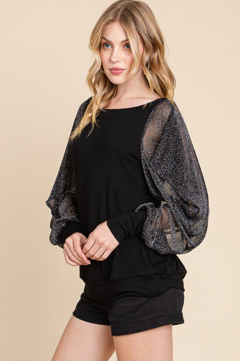 Black Fashion Top with Balloon Metallic Mesh Sleeves