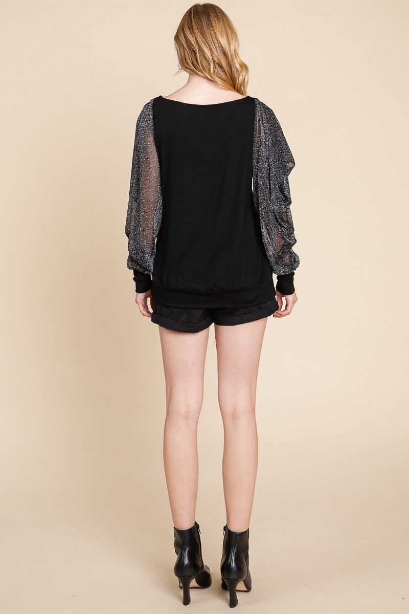 Black Fashion Top with Balloon Metallic Mesh Sleeves