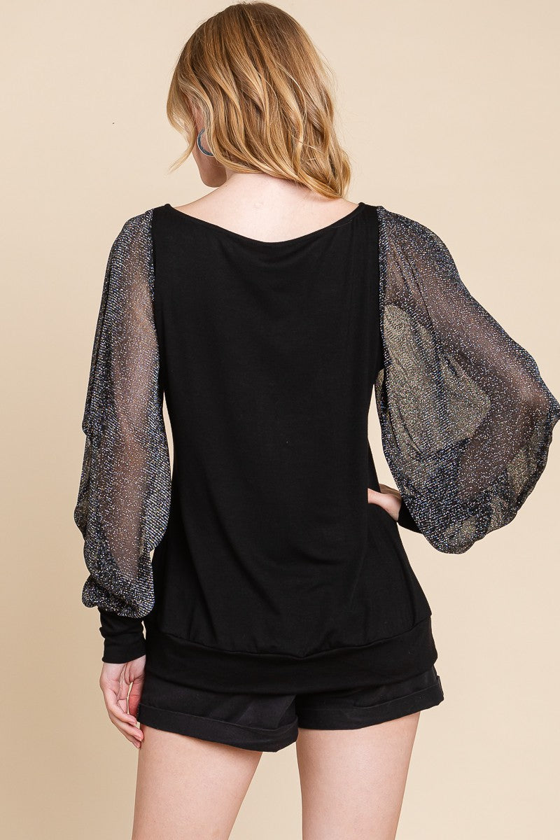 Black Fashion Top with Balloon Metallic Mesh Sleeves