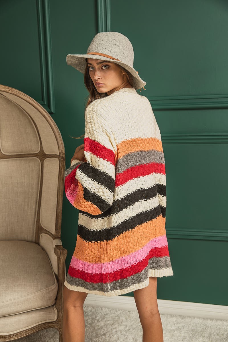 Textured Sweater Cardigan Multi Color Stripe