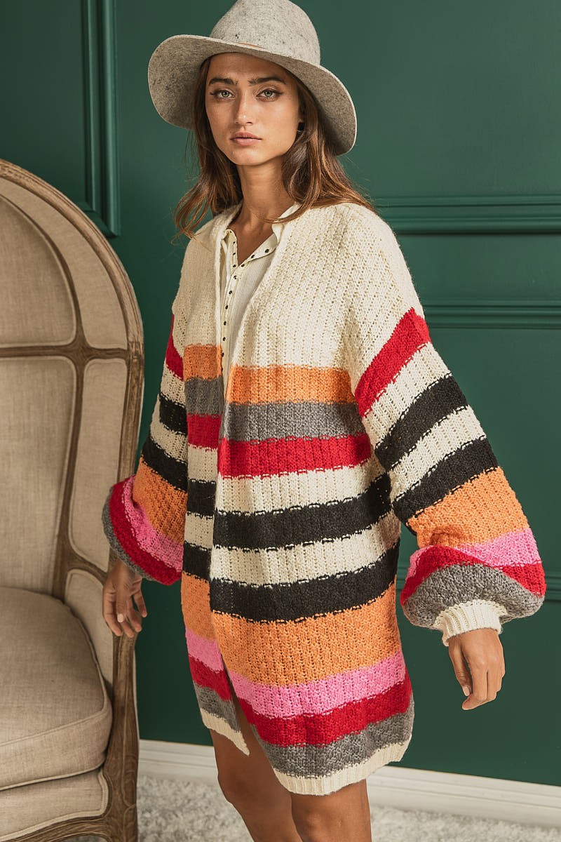 Textured Sweater Cardigan Multi Color Stripe