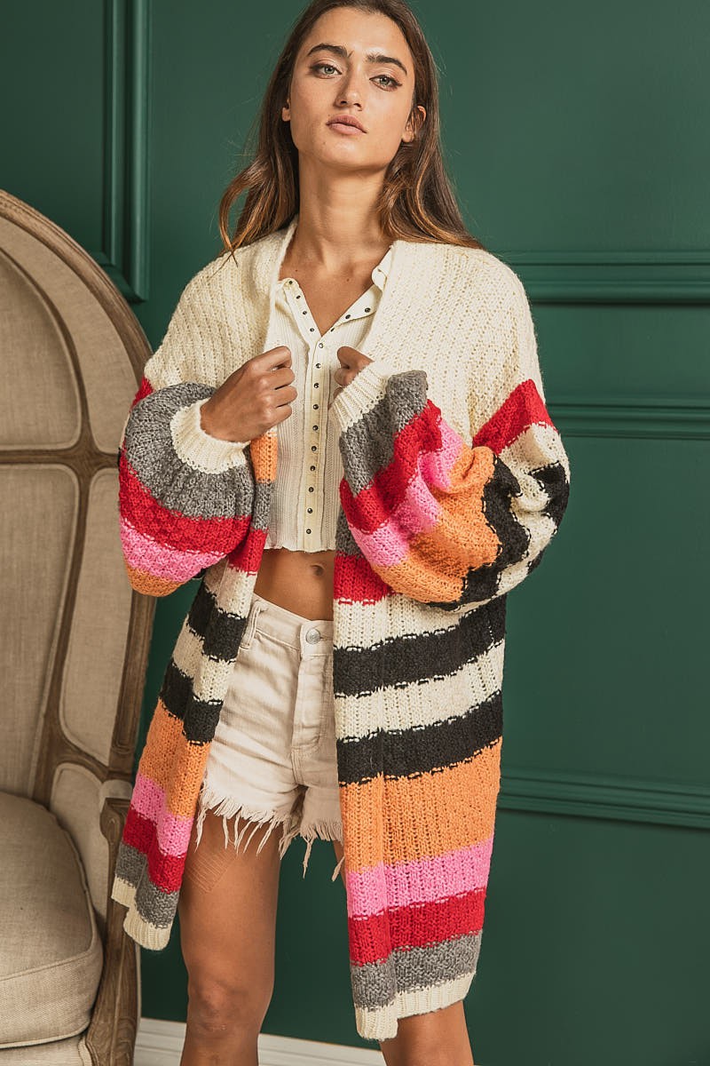 Textured Sweater Cardigan Multi Color Stripe