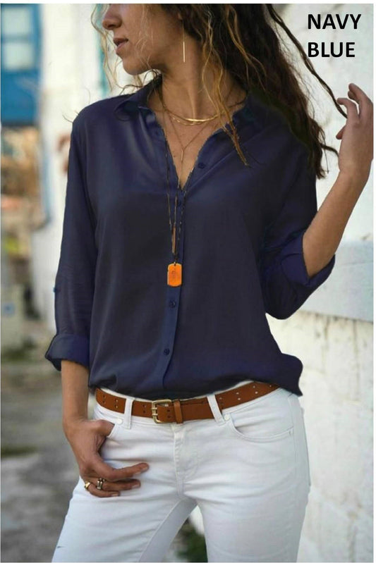 Women Elegant Long Sleeve Solid Blouse - Navy