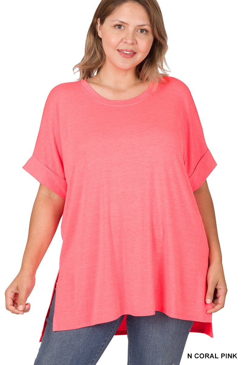 Rolled High Low Sleeve Short Sleeve Top