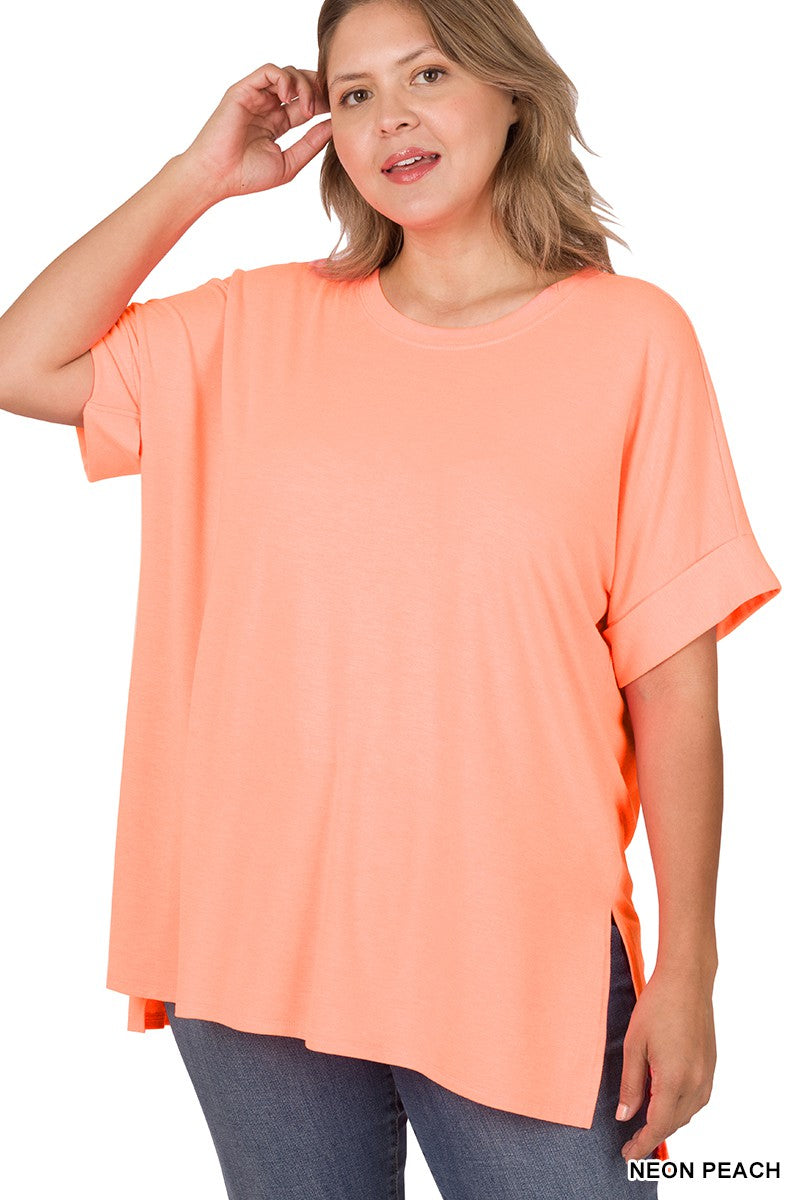 Rolled High Low Sleeve Short Sleeve Top