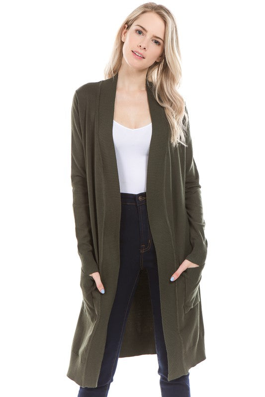 Olive Long Open Front Cardigan