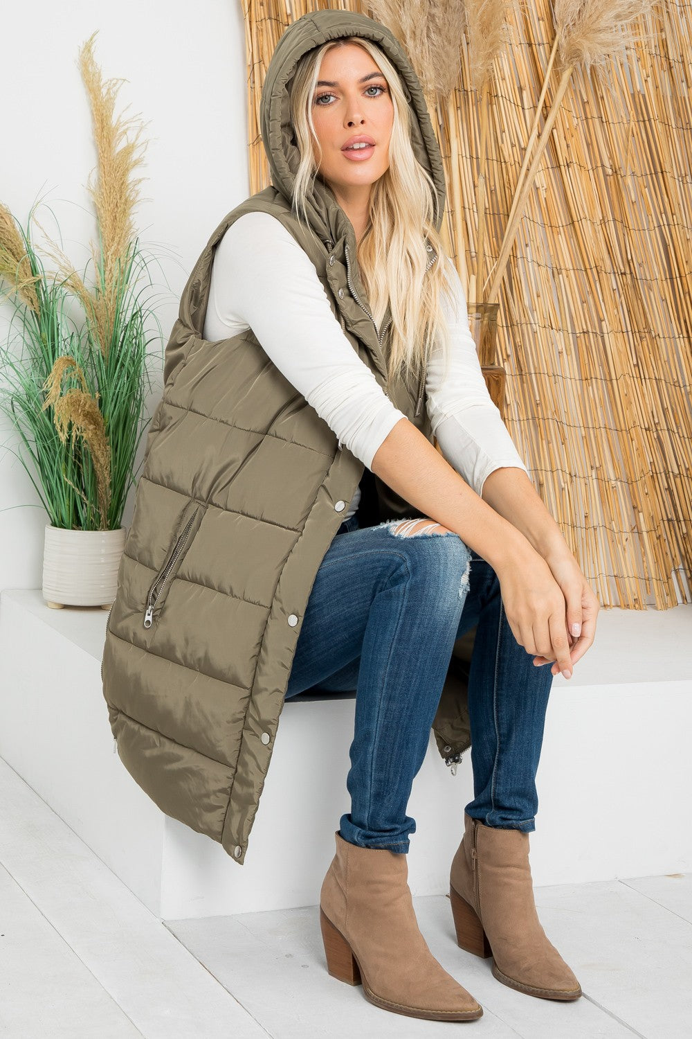 Stuffed Silky Puffer Vest Snap & Zip with Hood - Olive Green