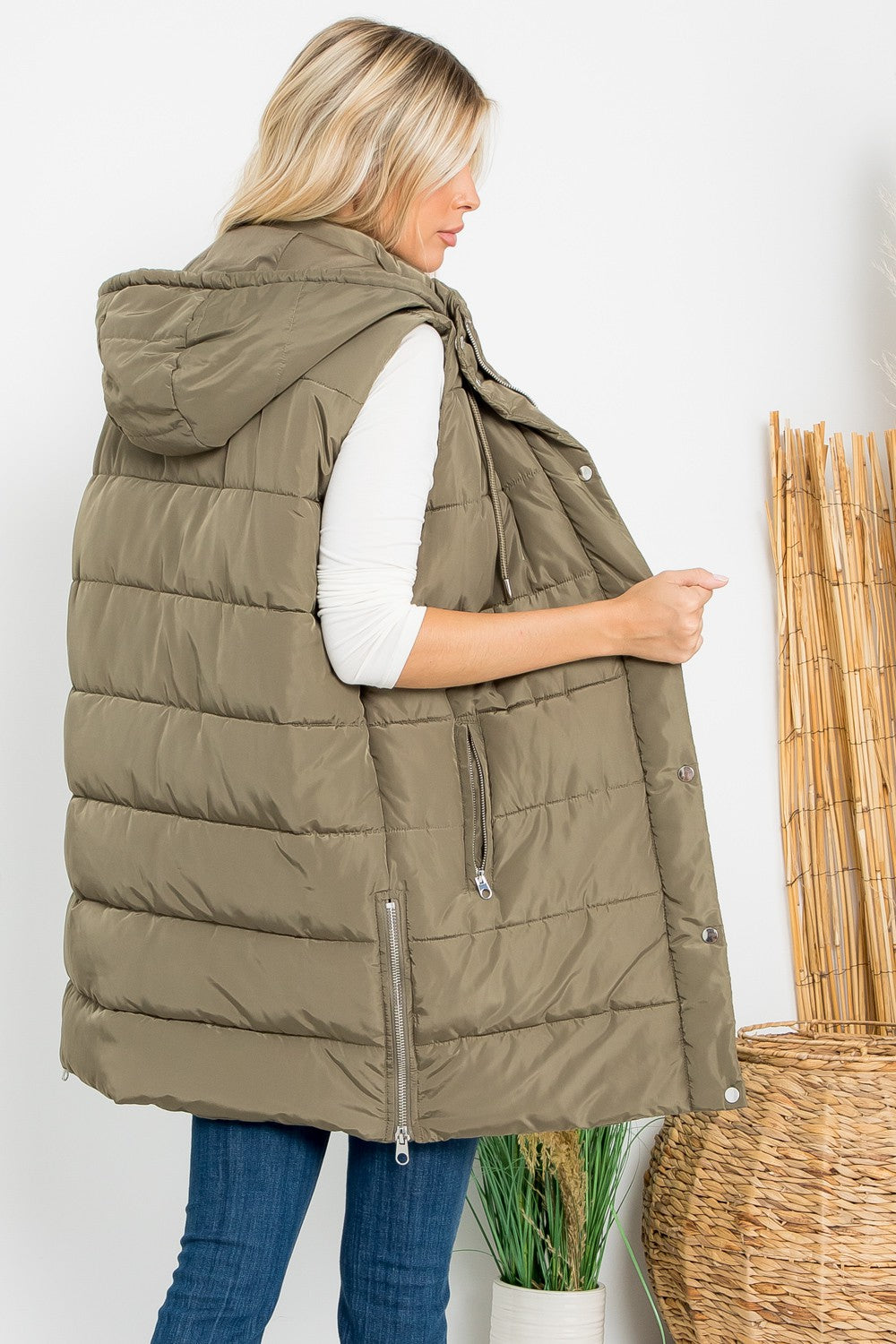 Stuffed Silky Puffer Vest Snap & Zip with Hood - Olive Green