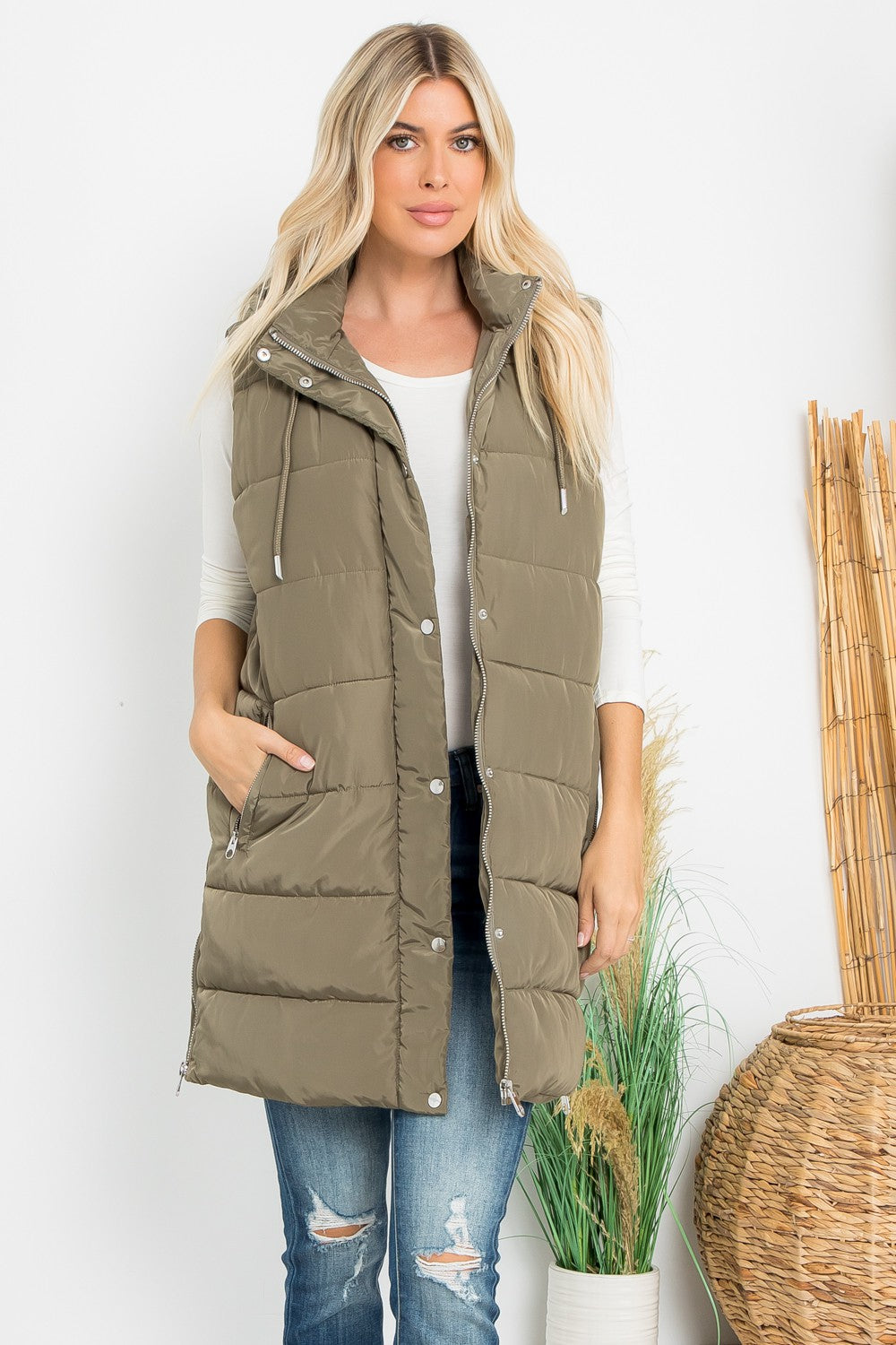 Stuffed Silky Puffer Vest Snap & Zip with Hood - Olive Green