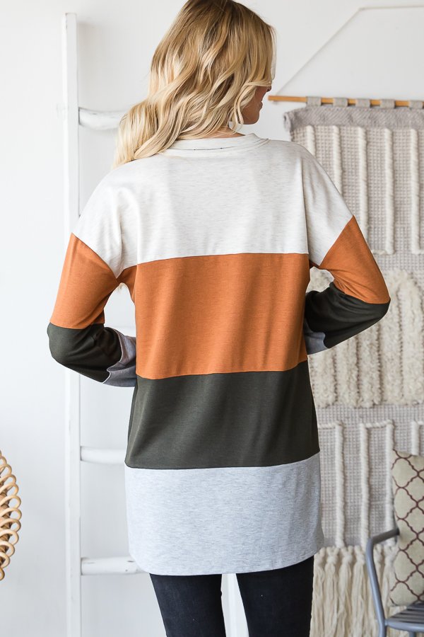 Large Stripe Rust, Cream, & Grey Long Sleeve V Neck Shirt