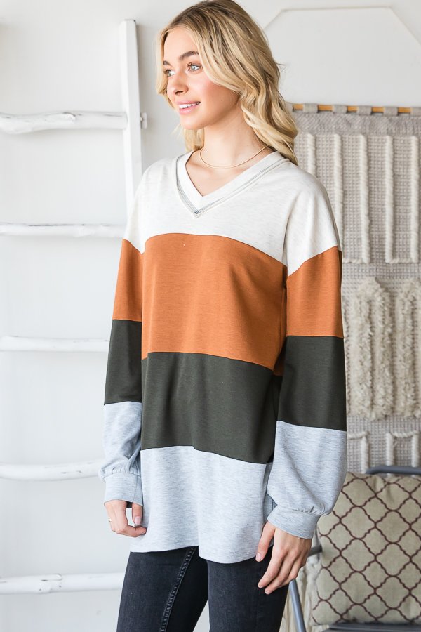 Large Stripe Rust, Cream, & Grey Long Sleeve V Neck Shirt